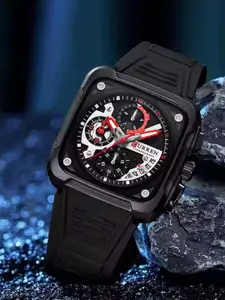 Curren Men Brass Embellished Dial & Textured Straps Analogue Watch CR-8461-Black