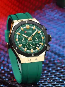 Curren Men Brass Patterned Dial & Bracelet Style Straps Analogue Watch CR-8464-Gold Green