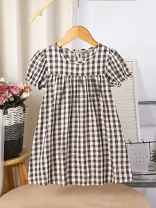 INCLUD Girl Checked Round Neck Puff Sleeve Empire Dress