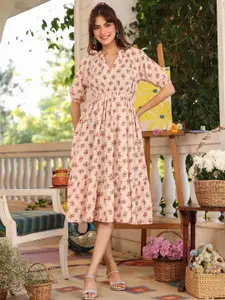 Janasya Women Peach Pure Cotton Floral Printed Tiered Ethnic Dresses