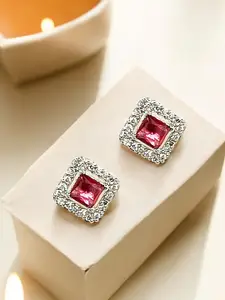 FEMMIBELLA Silver Plated American Diamond Studded Square Shaped Studs