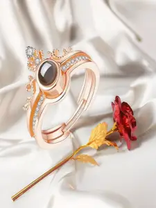 DIVASTRI Rose Gold Plated Stones Studded Crown Ring With Red Rose