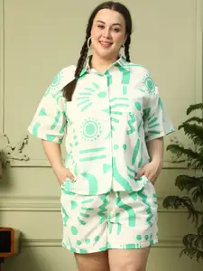 Oxolloxo Plus Size Printed Short Sleeve Shirt & Elasticated Shorts Linen Co-ord Set