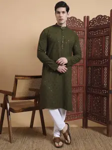 House of Pataudi Geometric Embroidered Sequnnied Mandarin Collar Sequnnied Straight Kurta