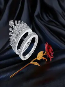 DIVASTRI Set Of 2 Silver Plated Stone Studded Crown Couple Finger Rings With Rose