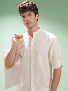 Highlander Men Cotton Linen Mandarin Collar Roll Up Sleeve Casual Shirt