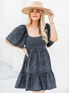 all about you Flared Sleeve Denim Fit & Flare Dress