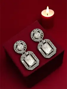 FEMMIBELLA Silver Plated American Diamond Studded Geometric Shaped Drop Earrings