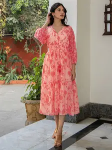 Janasya Women Coral Pink Floral Printed Georgette Smocked Detail Fit & Flare Midi Dress