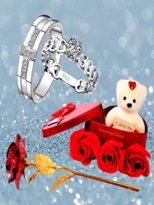 DIVASTRI Set Of 2 Silver-Plated Stones-Studded Couple Finger Rings With Rose & Teddy
