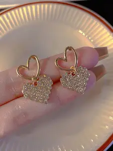 KRENOZ Gold-Plated Rhinestone Studded Heart Shaped Drop Earrings