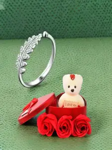 DIVASTRI Silver Plated Stone Studded Finger Ring With Red Teddy