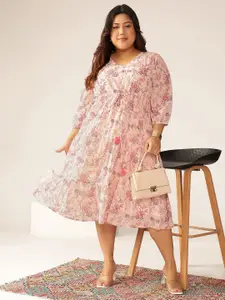 Janasya Women Plus Size Pink Georgette Floral Printed Tiered Ethnic Dress