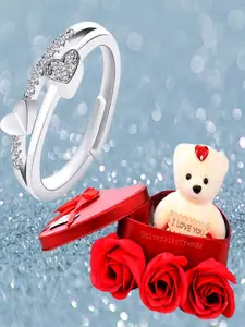DIVASTRI Silver Plated Stone Studded Heart Shaped Ring With Rose & Teddy