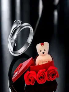 DIVASTRI Silver-Plated Adjustable Hand Foldover Hug Finger Ring With Teddy Bear