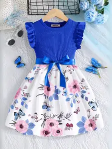 INCLUD Girls Floral Printed Flutter Sleeve Fit & Flare Dress
