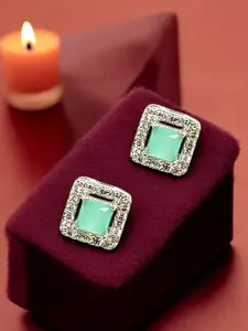 FEMMIBELLA Silver Plated American Diamond Studded Square Shaped Studs