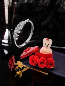 DIVASTRI Silver Plated Stone Studded Finger Ring With Red Rose & Teddy
