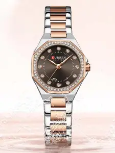 Curren Women Brass Embellished Dial & Stainless Steel Bracelet Style Straps Analogue Watch CR-9100-TT-Brown