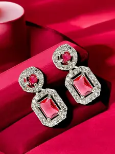 FEMMIBELLA Silver Plated American Diamond Studded Geometric Shaped Drop Earrings