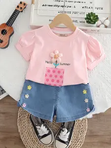 INCLUD Girls Printed Round Neck T-Shirt With Shorts