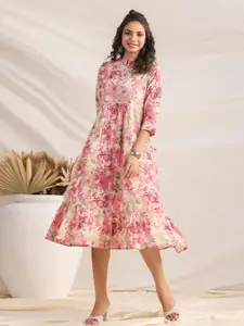 Janasya  Women Pink Pure Cotton Abstract Gathered Ethnic Dresses