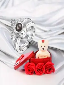 DIVASTRI Silver-Plated Stone Studded Crown Finger Ring With Rose