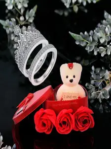 DIVASTRI Set Of 2 Silver-Plated Cubic Zirconia-Studded Ring With Teddy Bear