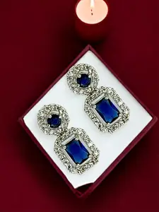 FEMMIBELLA Silver Plated American Diamond Studded Geometric Shaped Drop Earrings