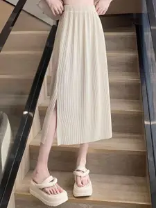 Outzidr Cream Plisse Midi Skirt