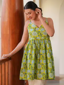 Janasya Women's Lime Yellow Pure Cotton Floral Printed A-Line Short Kurti