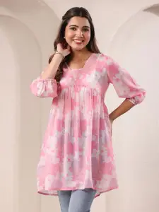 Janasya Women Pink Cotton Blend Floral Printed A-line Short Kurti
