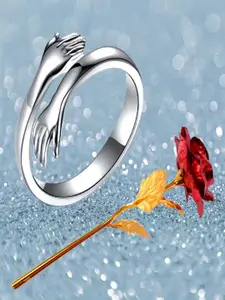 DIVASTRI Silver Plated Hug Finger Ring With Rose