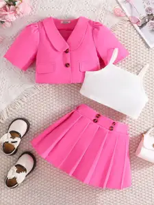 INCLUD Girls Self Design Lapel Collar Top With Camisole Top And Pleated Skirts Set