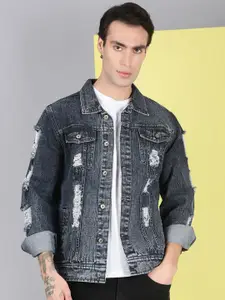 VOXATI Washed Printed Spread Collar Denim Jacket