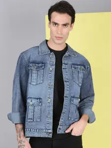 VOXATI Washed Printed Spread Collar Denim Jacket