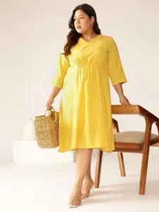Janasya Women's Plus Size Yellow Linen Cotton Solid A-line Dress