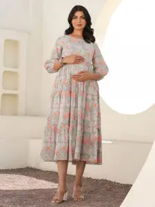Janasya Floral Printed Pure Cotton Tiered Maternity Ethnic Dress