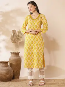 FASHOR Floral Printed V-Neck Thread Work Pure Cotton Straight Kurta