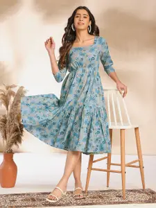 Janasya Floral Printed Pure Cotton Fit & Flare Ethnic Dress