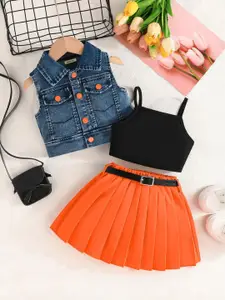 INCLUD Girls Sleeveless Denim Jacket With Pleated Skirt And Camisole Top