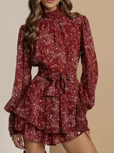 bebe Floral Print Mock Neck Puff Sleeve Tiered Mini Dress