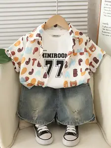 INCLUD Boys Printed Short Sleeves Shirt With T-Shirt And Denim Shorts