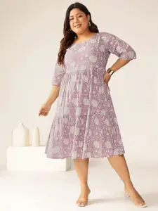 Janasya Plus Size Floral Printed Pure Cotton Tiered Ethnic Dress