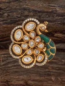 Kushal's Fashion Jewellery Embellished Bridal Victorian-Plated Kundan Peacock Design Ring