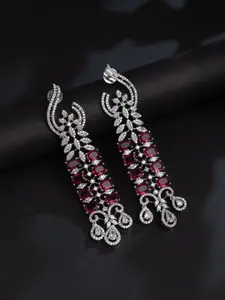 Voylla Sparkling Elegance Crimson Rhodium-Plated AD-Studded Contemporary Drop Earrings