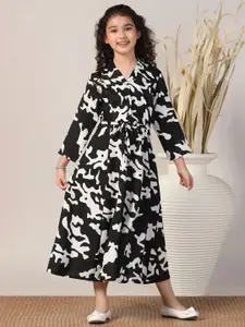 FASHION DREAM Girl's Abstract Printed Shirt Collar Fit & Flare Midi Dress