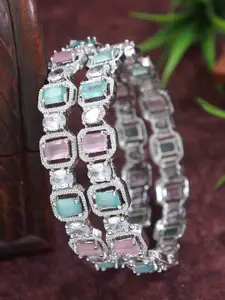 SGA FASHION Set Of 2 Silver-Plated American Diamond Studded Polish Bangles