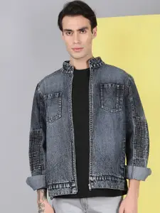 VOXATI Washed Printed Mandarin Collar Denim Jacket