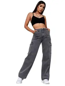 kitty-fashion Women Jean Wide Leg High-Rise Mildly Distressed Heavy Fade Jeans